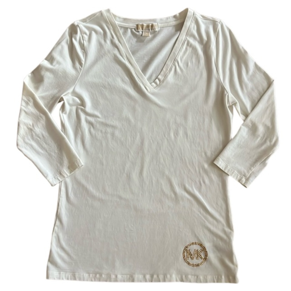 MICHAEL KORS CREAM 3/4SLEEN V-NECK TOP COTTON SPANDEX BLEND LIGHTWEIGHT MEDIUM